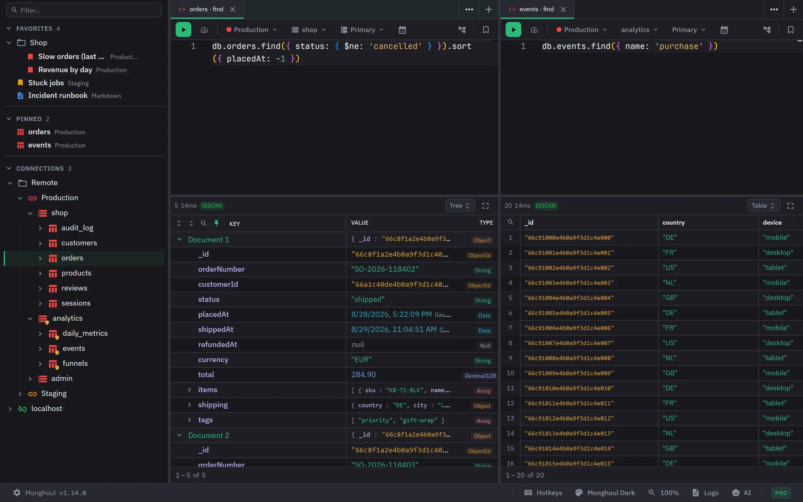 The workspace split into two panels, each running its own query