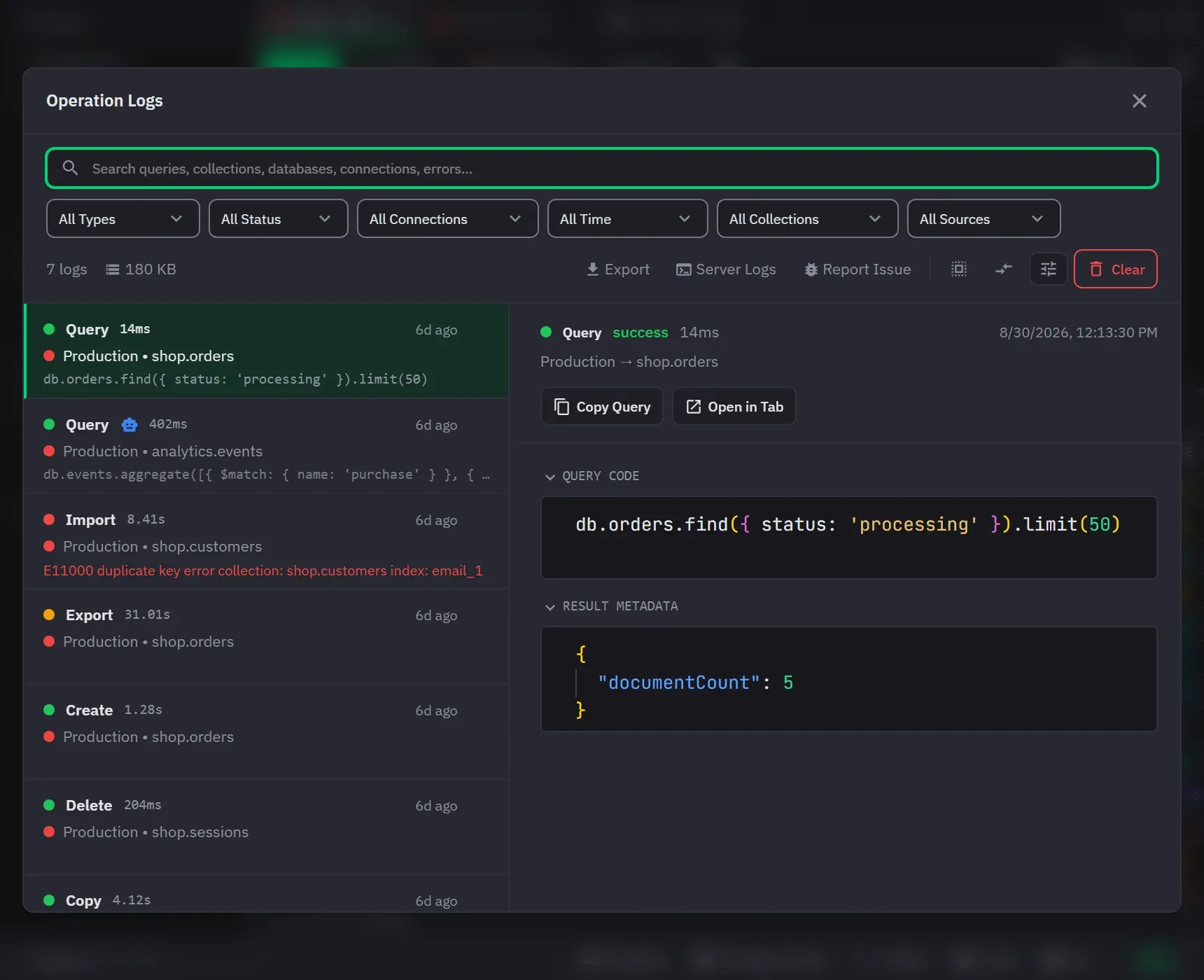 The operation log listing past queries with their duration and outcome