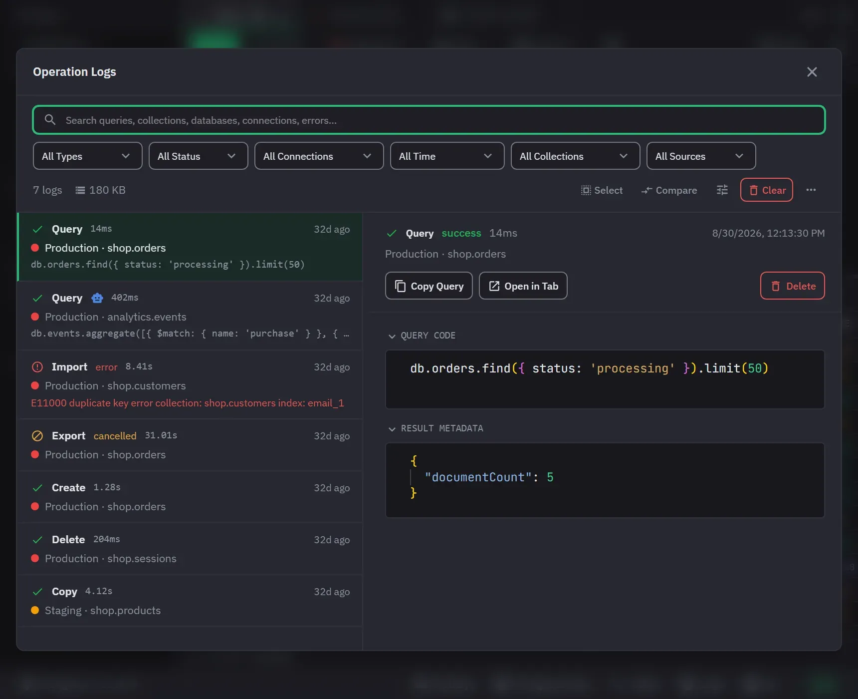 The operation log listing past queries with their duration and outcome