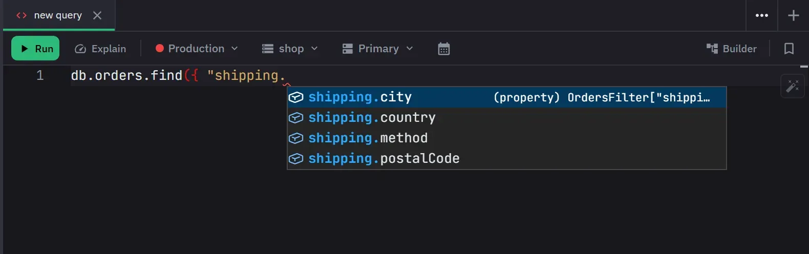 The autocomplete list open on a nested field path, each entry showing its type
