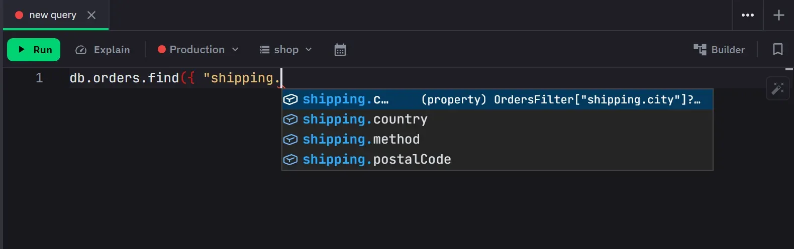 The autocomplete list open on a nested field path, each entry showing its type