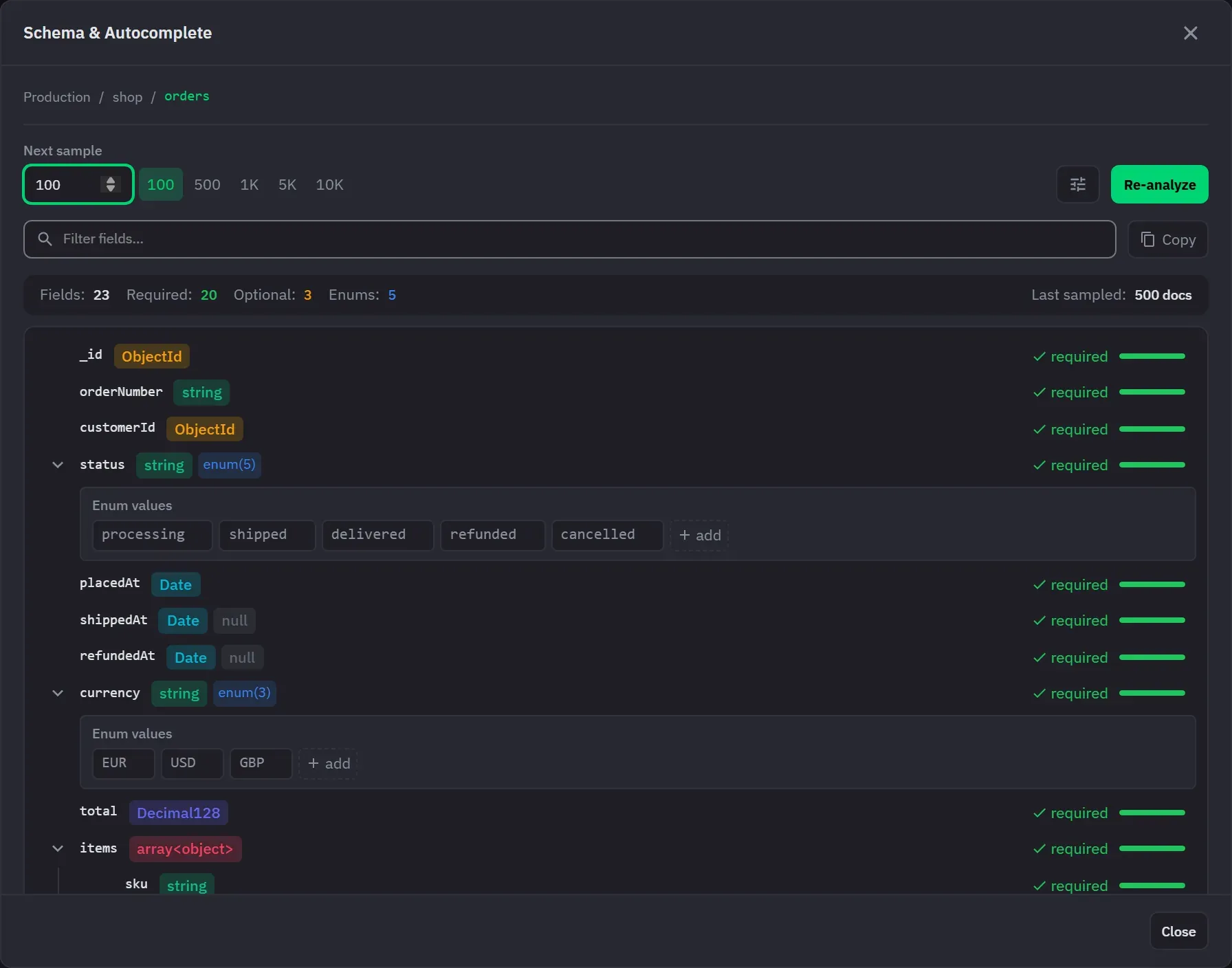 Schema analysis showing a field tree with types and how often each field occurs