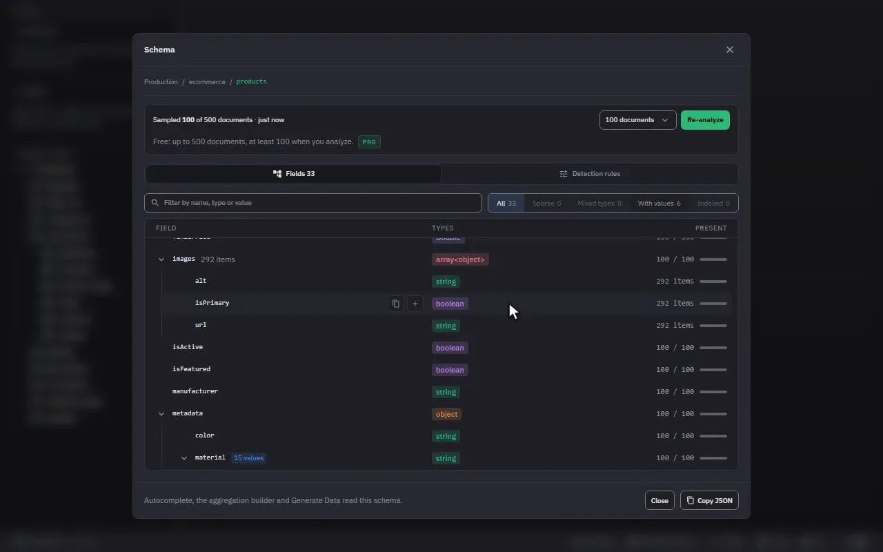 Schema analysis over a real collection listing every field with its types, how often each occurs and its detected enum values, then an index created on the field the analysis pointed at
