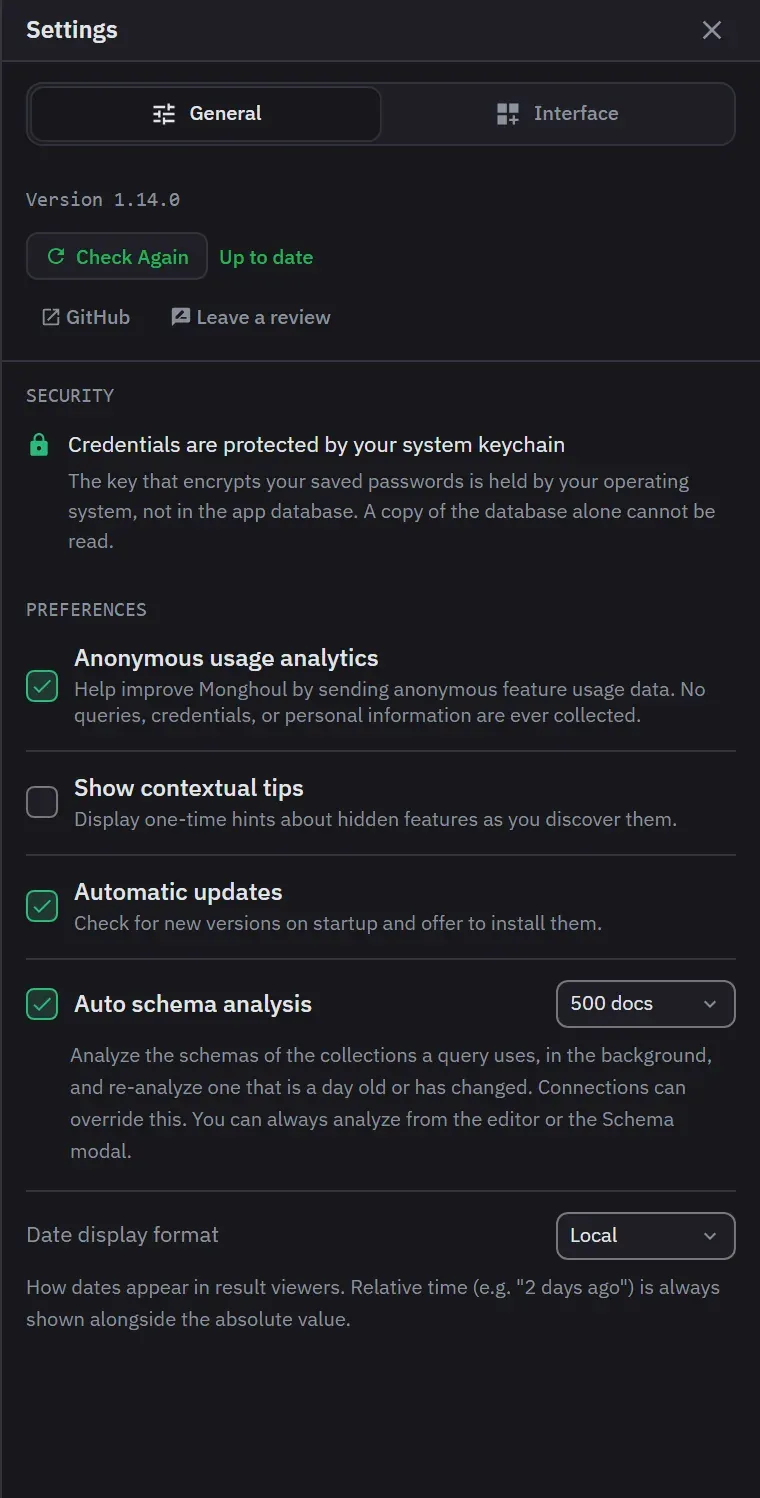 The General tab of Settings: the version with a check-for-updates control beside it, links to the repository and to leave a review, and toggles for anonymous usage analytics, contextual tips, automatic updates and background schema analysis