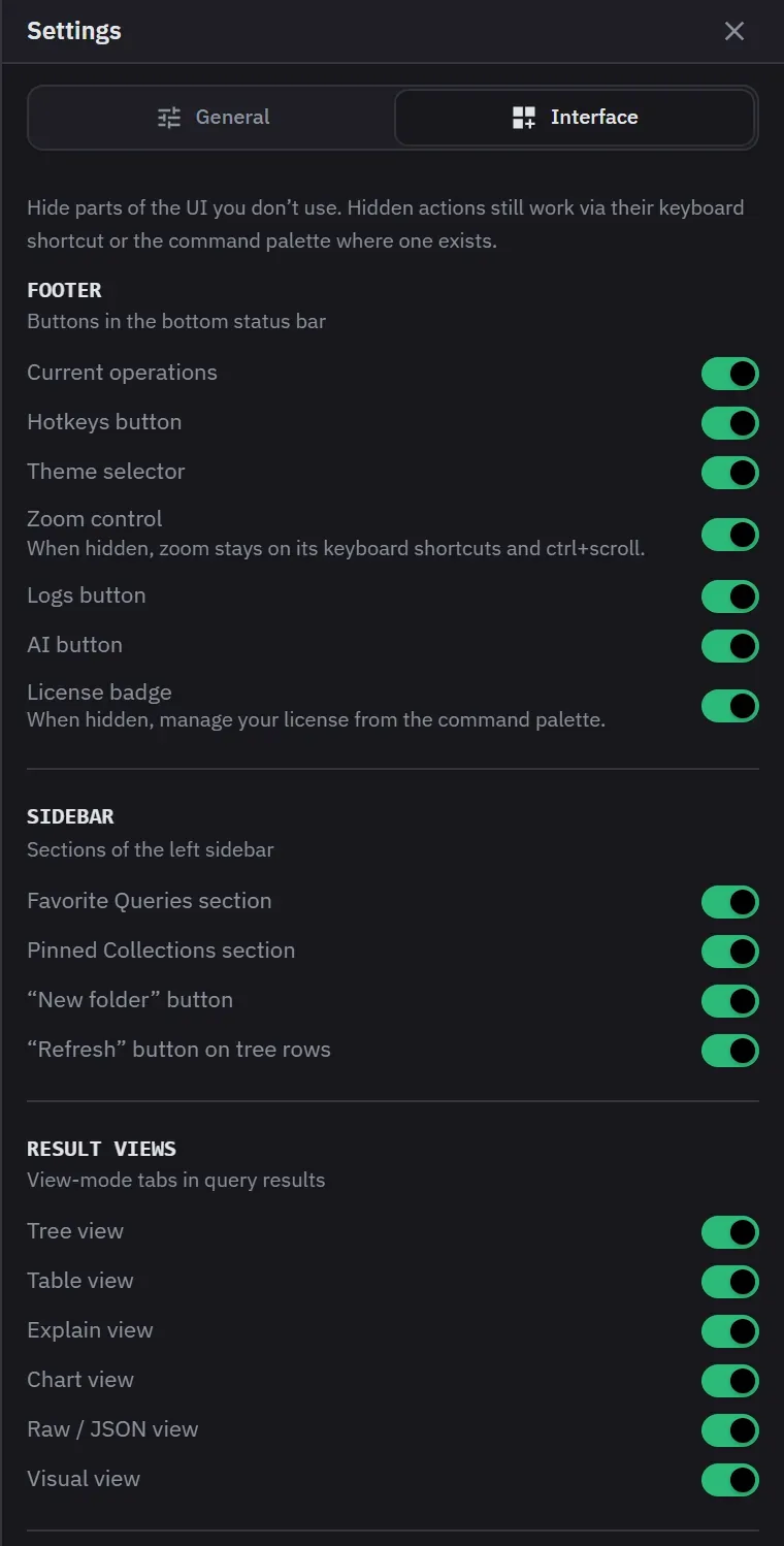 The Interface tab of Settings: toggles for each footer button including the zoom control, for the sidebar sections, and for each result view