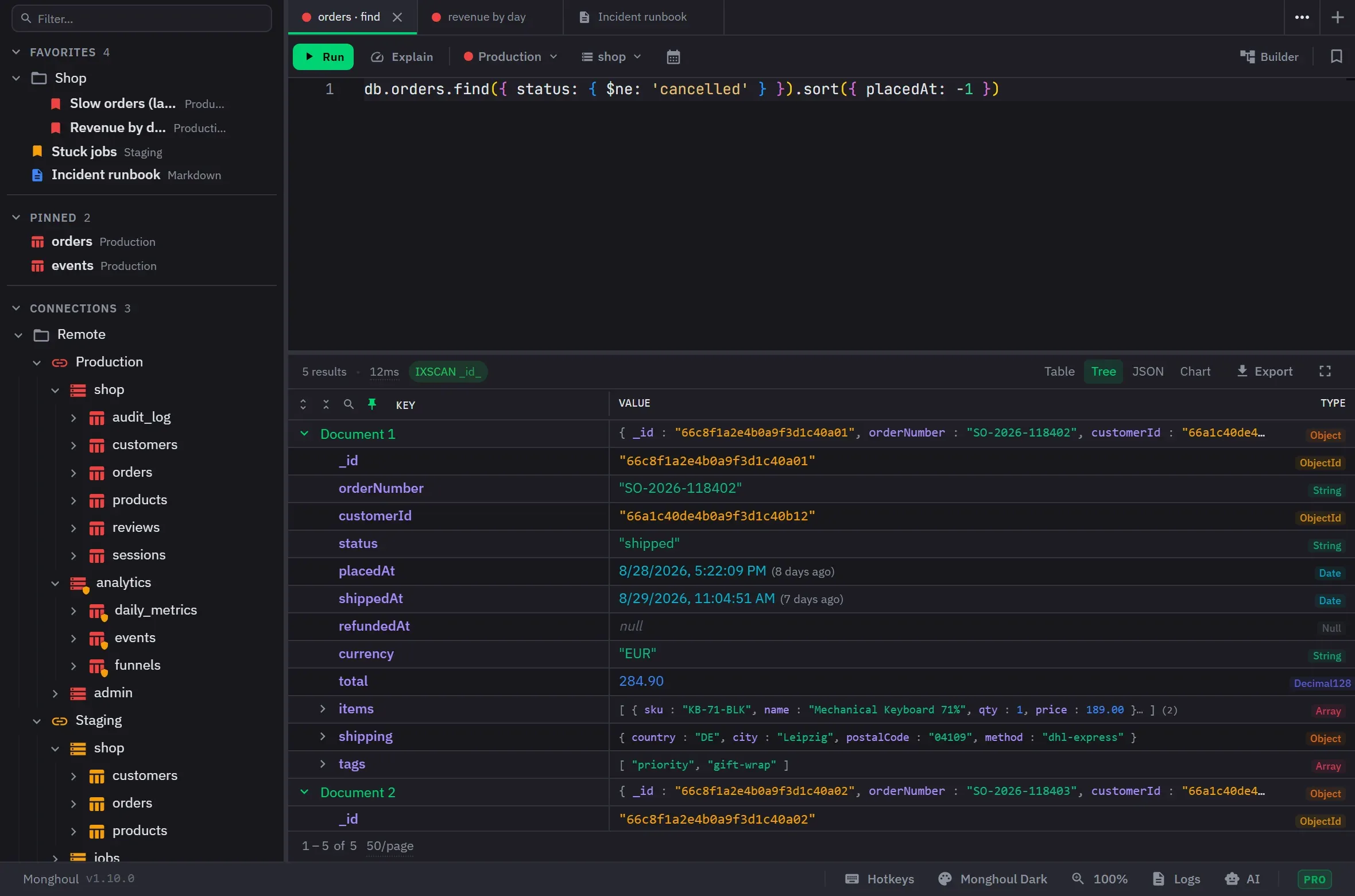 The sidebar tree expanded through connections, databases, and collections