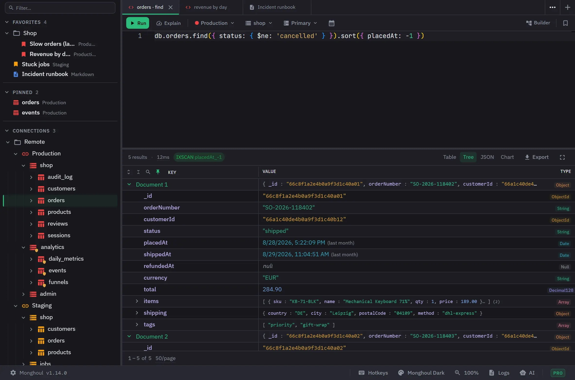 The sidebar tree expanded through connections, databases, and collections