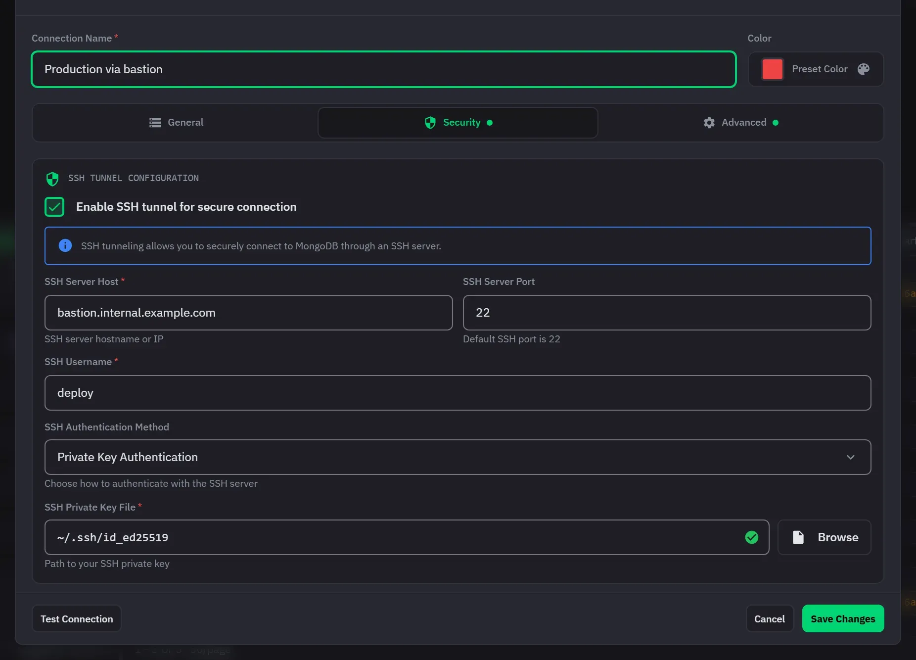 The connection dialog on its Security tab, with the SSH tunnel enabled and its host, port, user and key file filled in