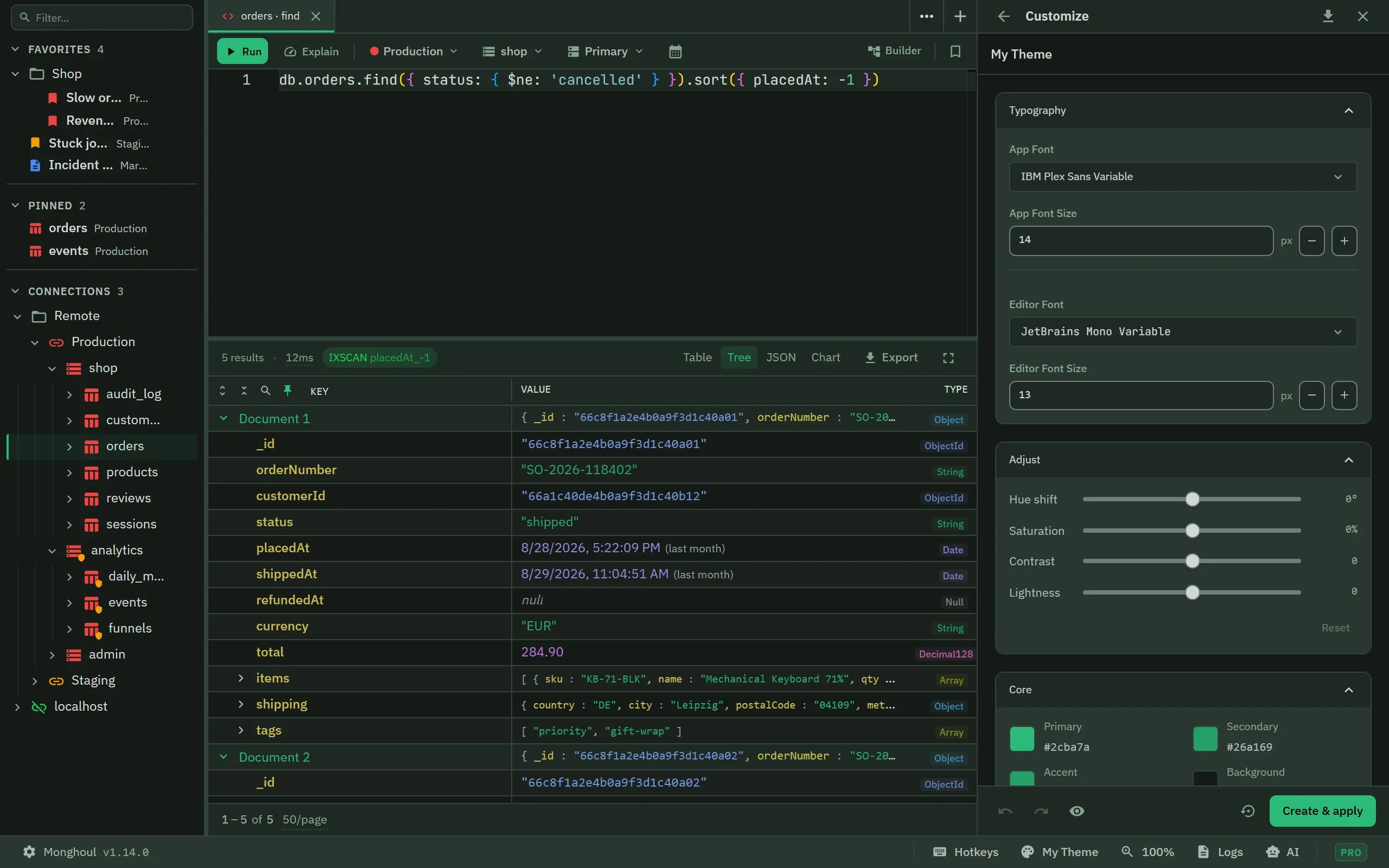 The theme editor’s Customize step beside the workspace, already repainted in the draft theme: font pickers, size steppers, the hue, saturation, contrast and lightness sliders, and the core colours