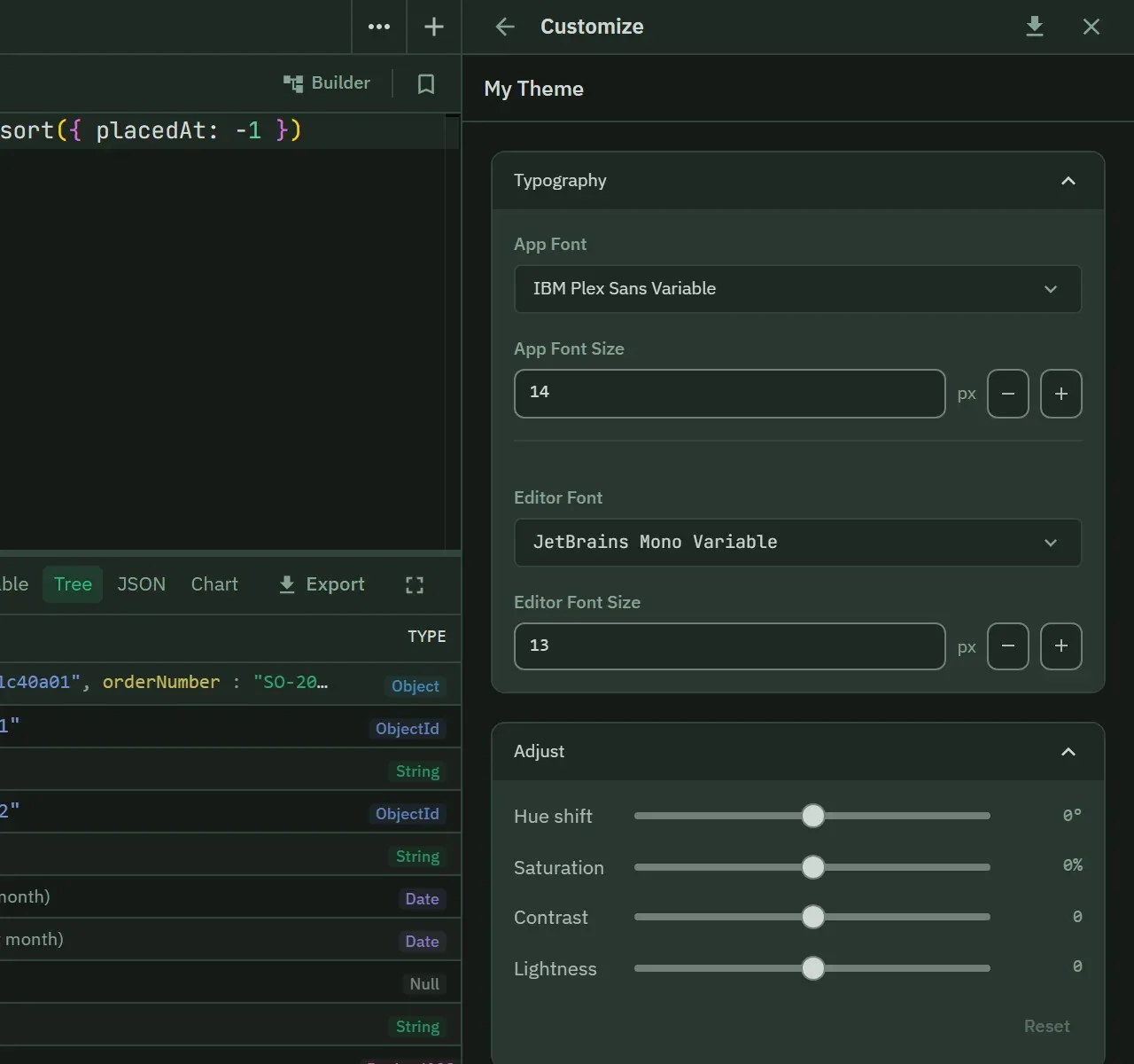 The Customize step of the theme editor: a name, the app and editor fonts with minus and plus buttons on each size, and the Adjust sliders for hue, saturation, contrast and lightness, over an application already repainted in the draft