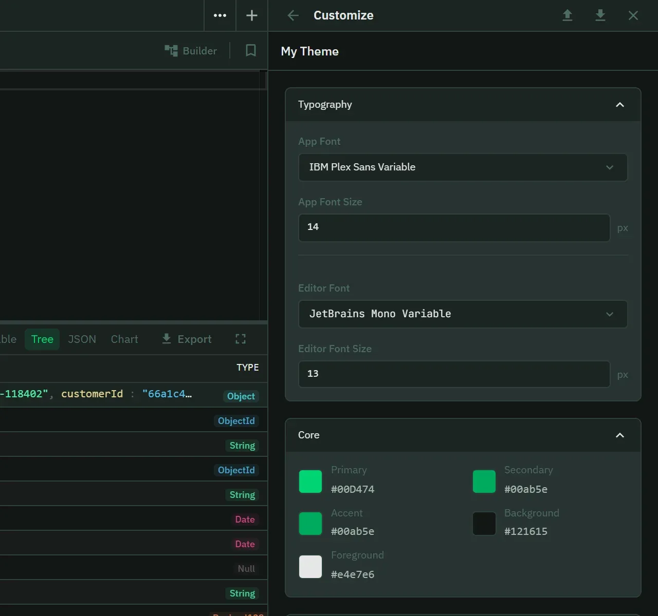 The theme editor after generating: a name, the app and editor fonts and sizes, and the Core colour group with its primary, secondary, accent, background and foreground swatches, over an application already repainted in the new colours