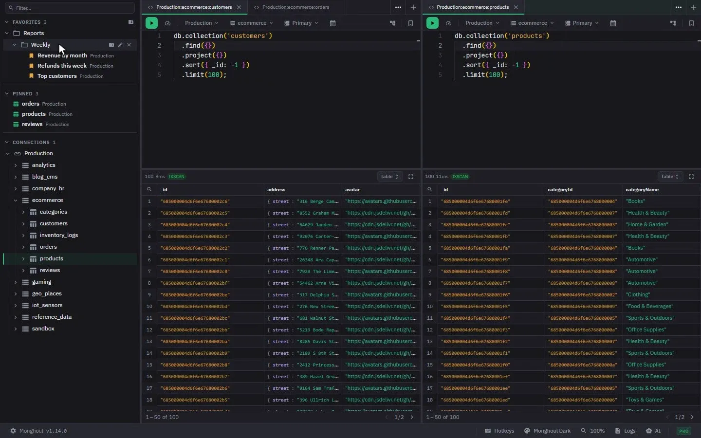 Three collection tabs open in one panel; one is dragged to the right edge of the window and the workspace splits into two panels side by side, each with its own query and results; the remaining tabs are reordered by dragging, and a collection is pinned from its context menu and appears at the top of the sidebar
