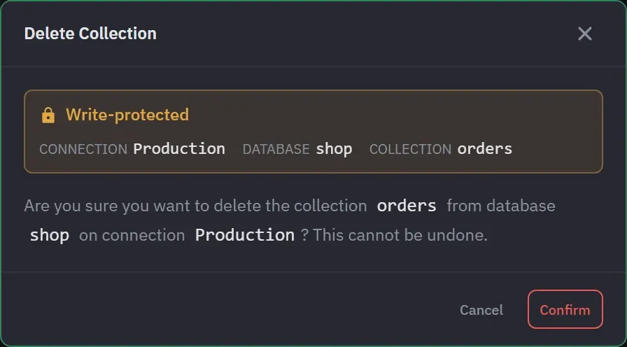 The delete collection confirmation on a write-protected target, naming the connection, the database and the collection the protection covers, above a red Confirm