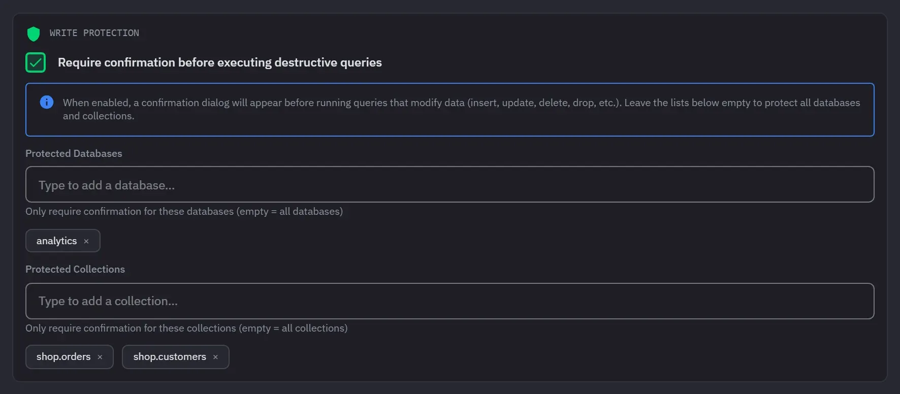 The Write Protection section of the Advanced tab on a connection: the confirmation checkbox ticked, the analytics database listed under Protected Databases, and shop.orders and shop.customers under Protected Collections