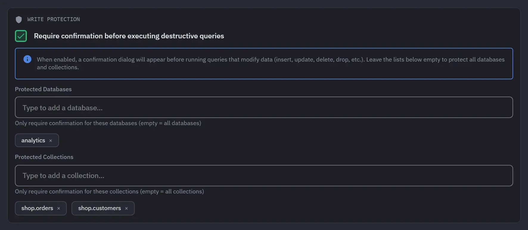 The Write Protection section of the Advanced tab on a connection: the confirmation checkbox ticked, the analytics database listed under Protected Databases, and shop.orders and shop.customers under Protected Collections