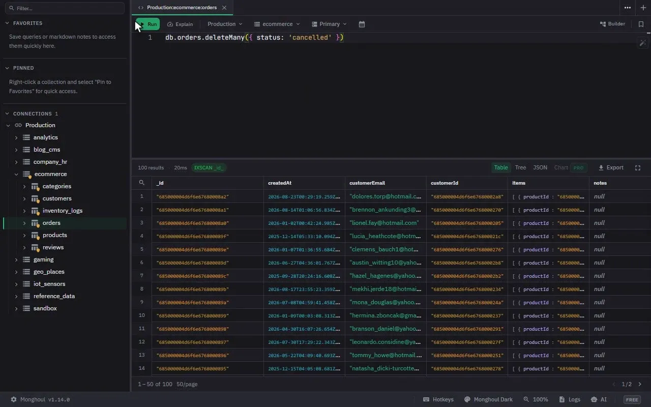 A deleteMany on a write-protected connection raises a dialog naming the operation and the target, and is cancelled; the same delete written with the method name as a string raises no dialog, because the text scan cannot see it, and the driver refuses it instead