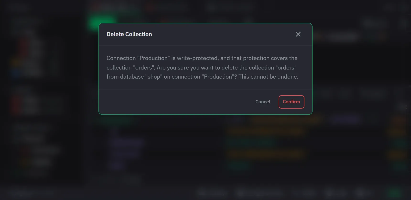 The delete-collection confirmation on a write-protected target, opening with the sentence that names the connection and the collection the protection covers, and a red Confirm button