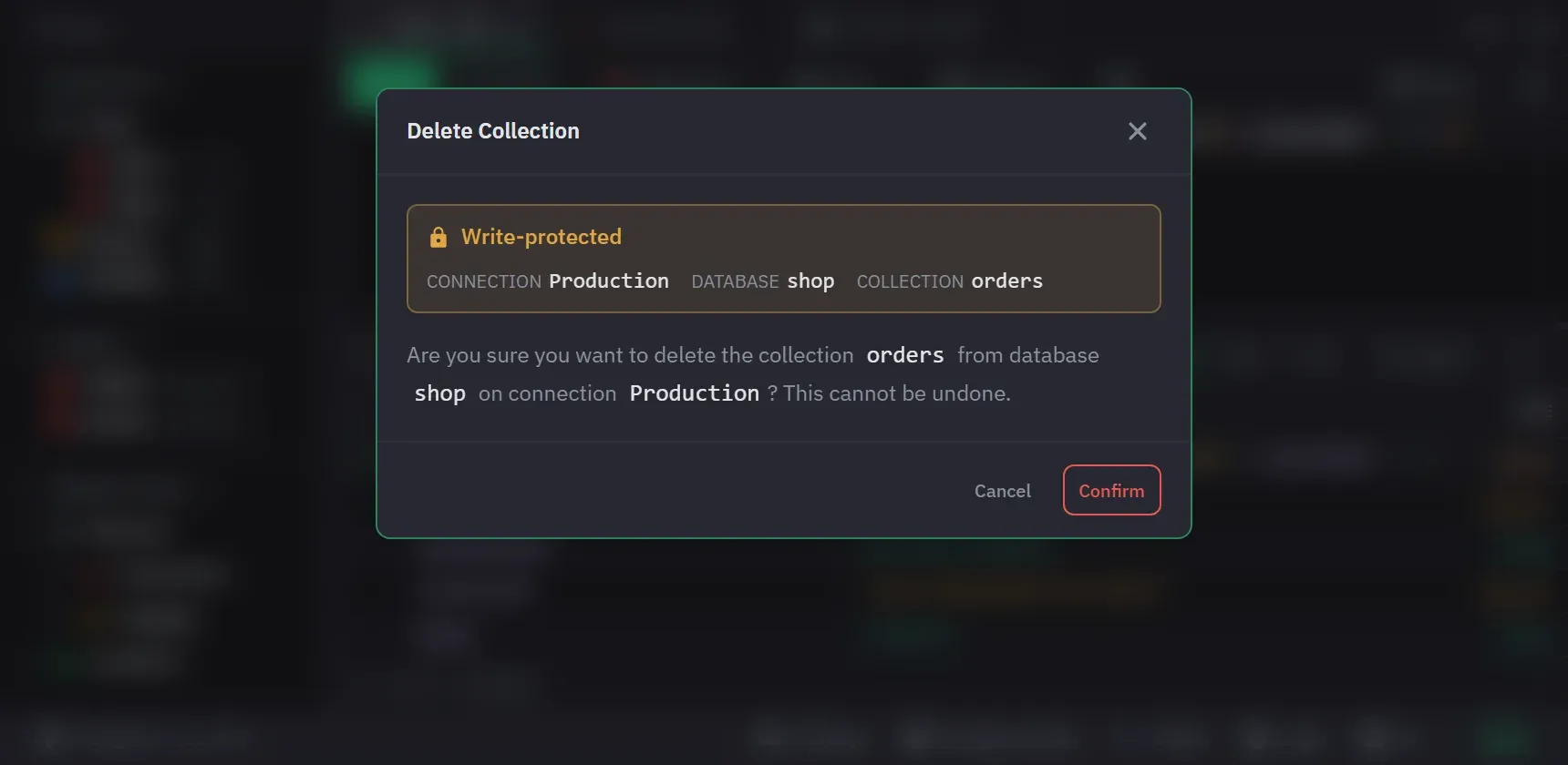 The delete-collection confirmation on a write-protected target, opening with the sentence that names the connection and the collection the protection covers, and a red Confirm button