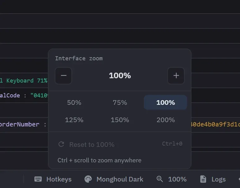 The interface zoom popover: a minus and plus stepper either side of 100%, six presets from 50% to 200%, and a reset row naming Ctrl+0 and ctrl-scroll